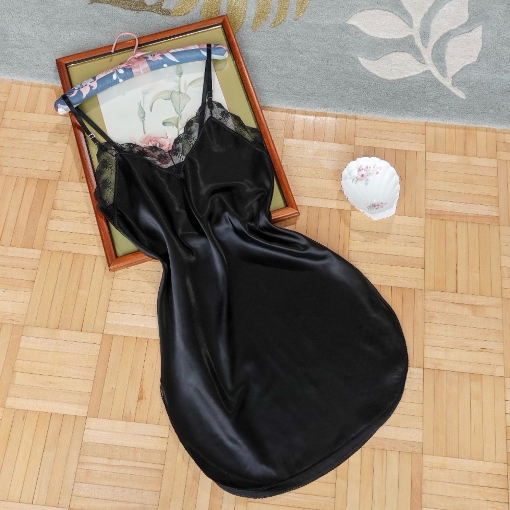 Vintage tuxedo black lace and satin slip dress